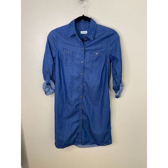Maison Jules Womens Denim Button-Up Shirt Dress Roll Sleeves Cotton Small Blue - Picture 2 of 7